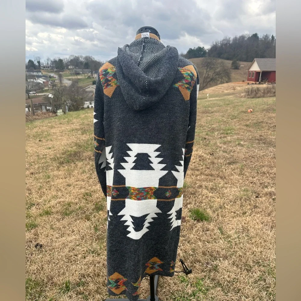 Gray Patterned Women's Sweater. Aztec. Long. Cardigan. Fun print - Picture 4 of 10